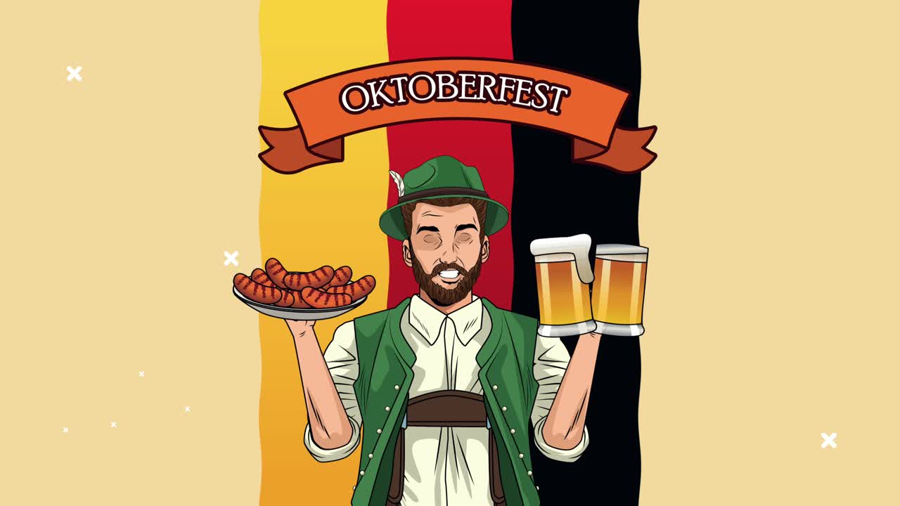 animación de celebración de oktoberfest feliz con un hombre alemán comiendo salchichas y bebiendo cervezas