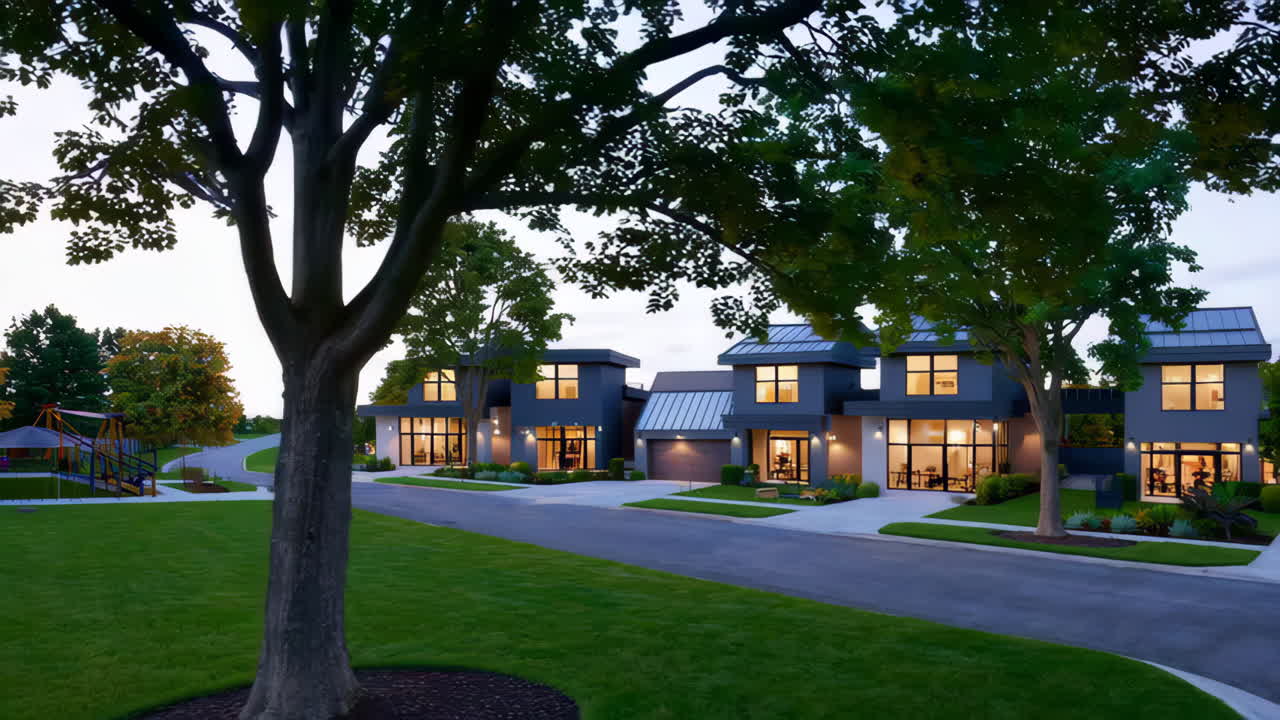 Modern Residential Homes and Street at Dusk
