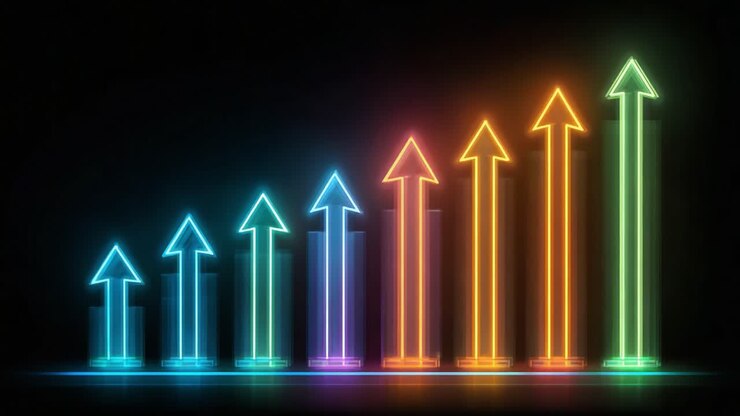 Visualizzazione dinamica della crescita: una rappresentazione colorata di frecce ascendenti che simboleggiano il progresso e il successo nel tempo su uno sfondo scuro