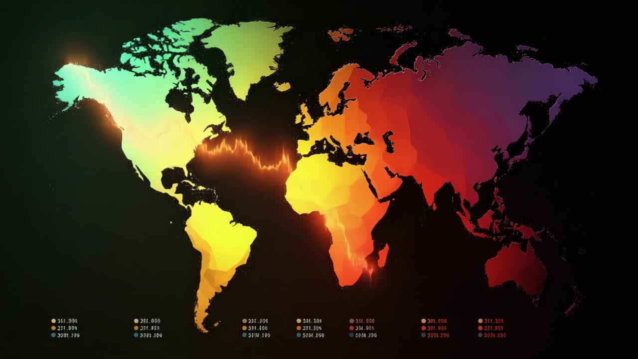 La mappa del mondo brilla con colori infuocati, spostandosi tra i continenti. Toni caldi evidenziano zone economiche o climatiche. Visualizzazione astratta di dati, senza persone. Perfetto per affari globali.