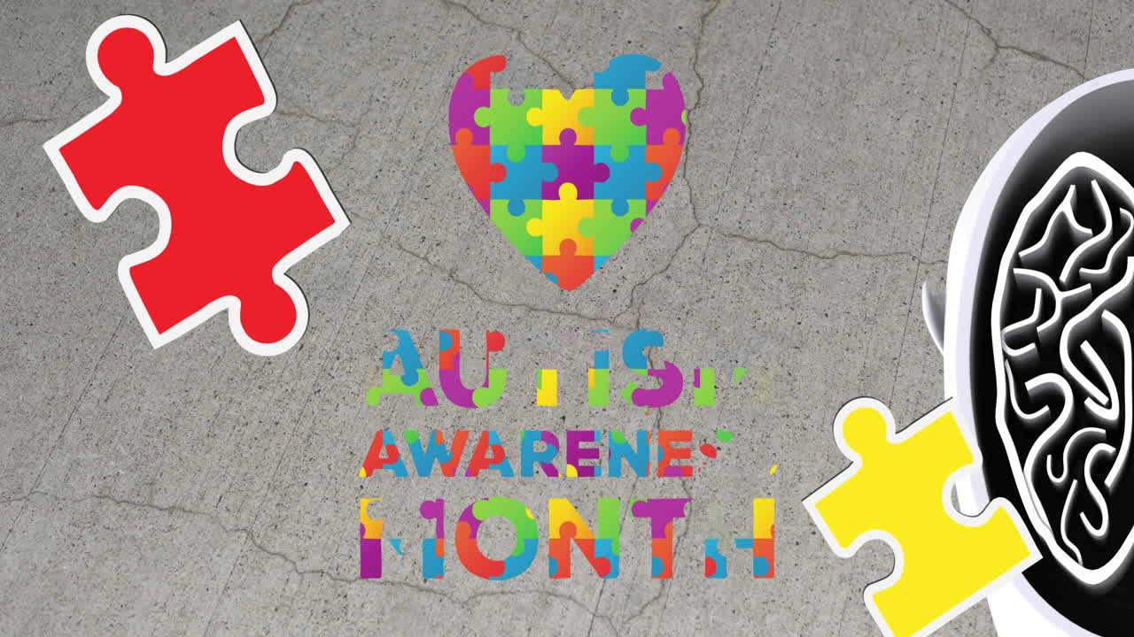 오티즘에 대한 인식의 달에 퍼즐이 떨어지는 애니메이션 텍스트와 퍼즐로 형성된 심장