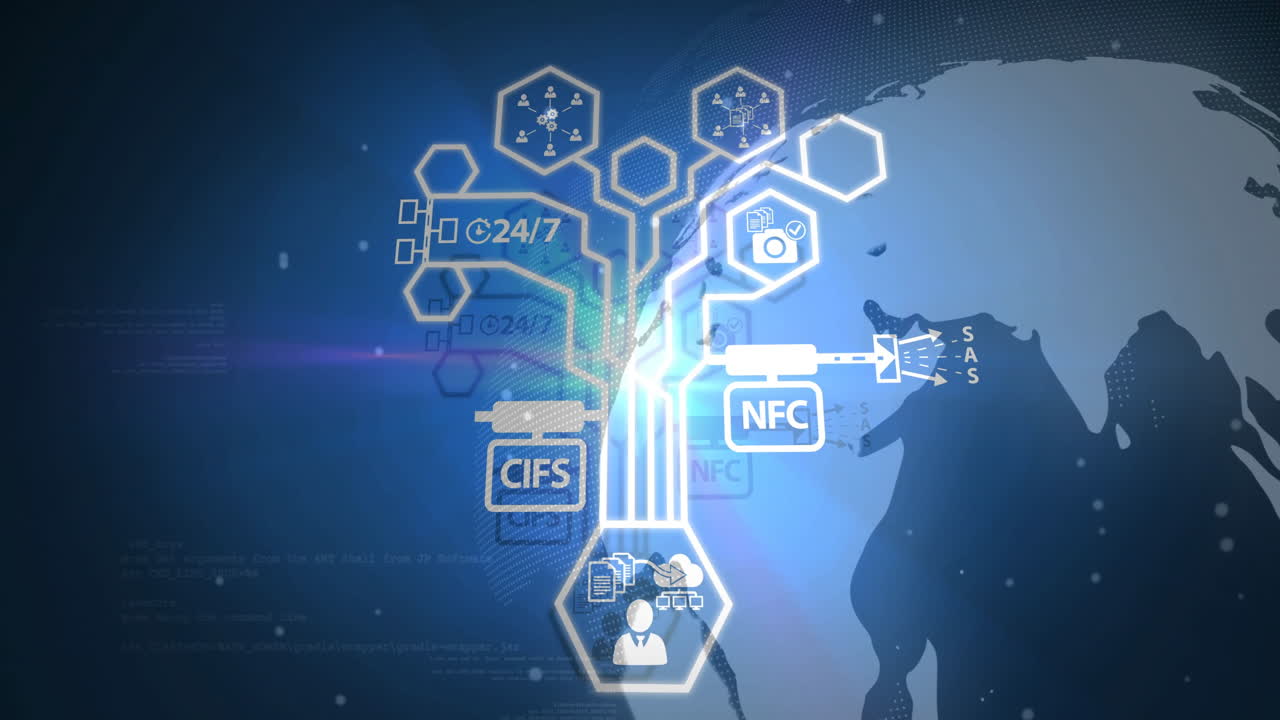 세계 지도 배경에 디지털 네트워크 및 데이터 처리 애니메이션