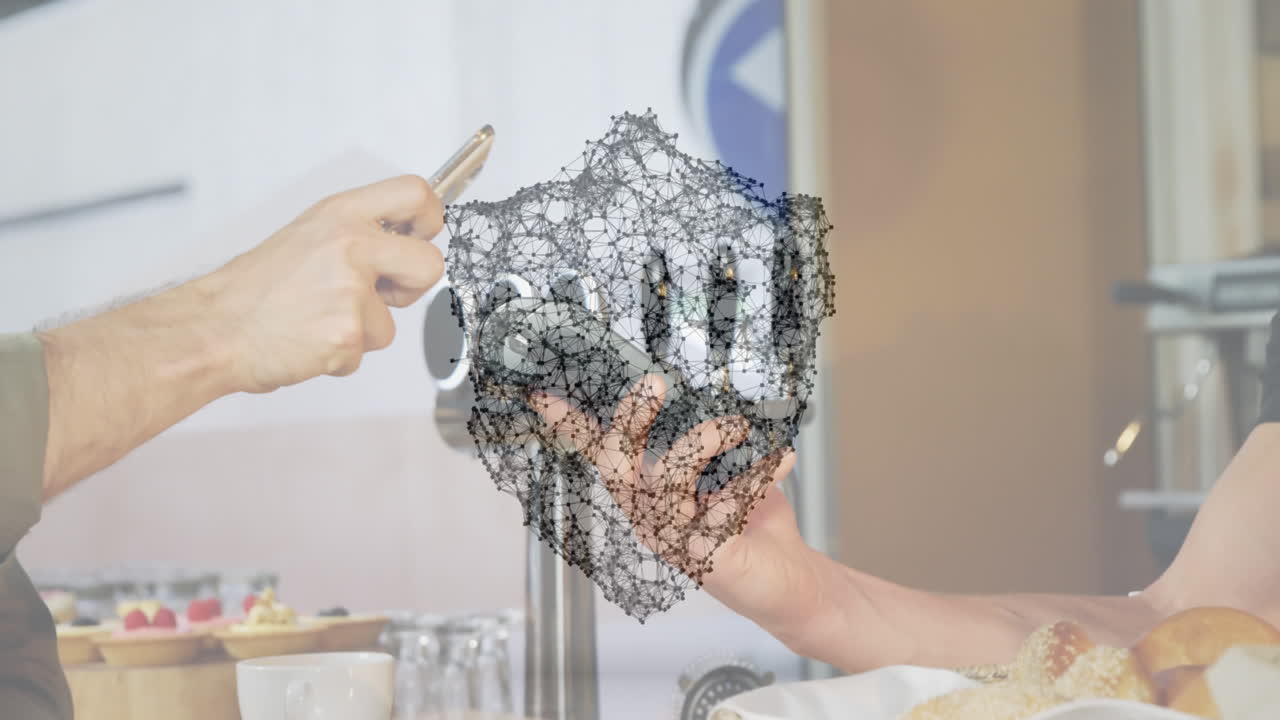 결제 터미널을 사용하는 사람들에 대한 보안 방패와 연결 네트워크의 애니메이션