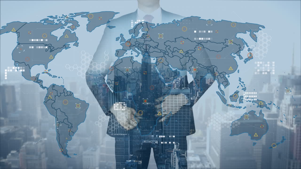 세계 지도와 도시 풍경의 애니메이션 카우카스 사업가