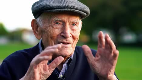 an engaging conversation with a charming elderly man showcasing his life experiences and wisdom in a serene outdoor setting