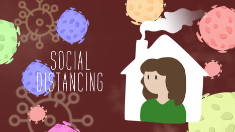 animation of a woman isolated in her house with words social distancing and coronavi