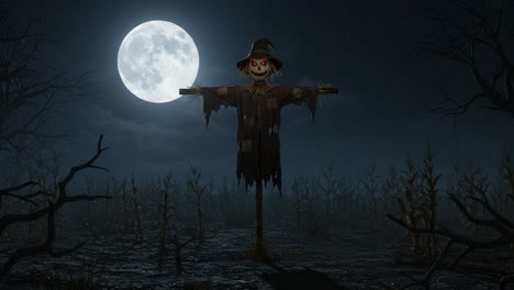 A Mysterious Scarecrow Stands Guard Under a Full Moon in an Eerie Cornfield, Emanating an Atmosphere of Haunting Mystery and Spooky Intrigue