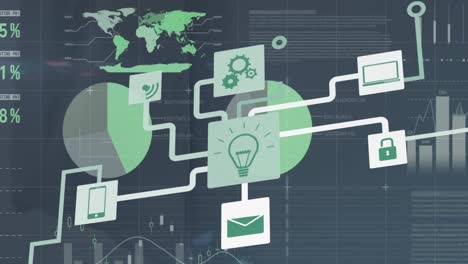 Animation-of-network-of-connections-with-icons,-computer-data-processing