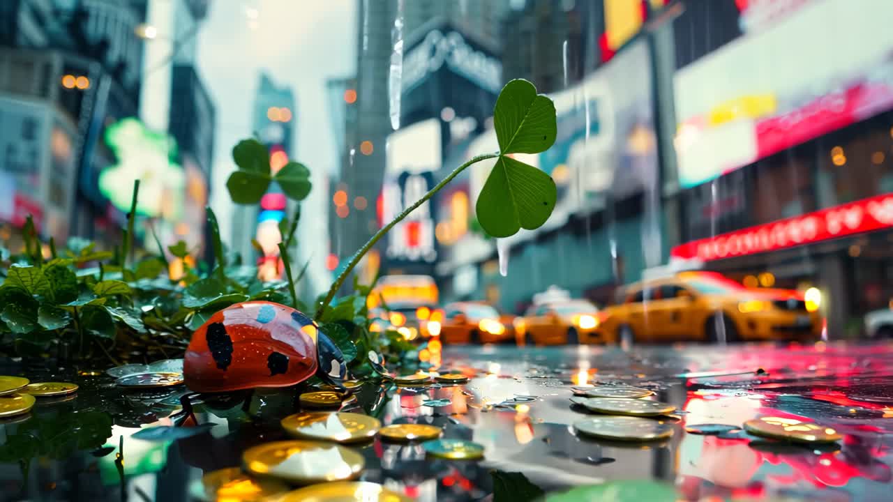 A ladybug is sitting on a leaf in a puddle. The leaf is surrounded by a wet sidewalk