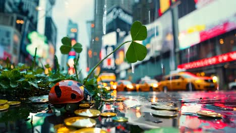 a ladybug is sitting on a leaf in a puddle. the leaf is surrounded by a wet sidewalk