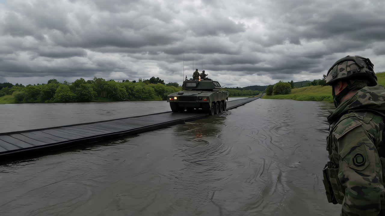 Military Vehicle Crossing Flooded River