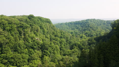 Aerial-pullback-between-dense-forest-ridges-away-from-Dundas-Peak