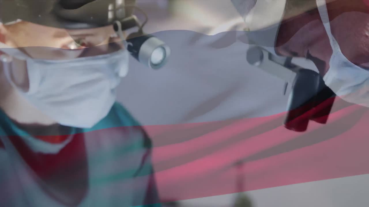 animación de la bandera de rusia sobre diversos cirujanos