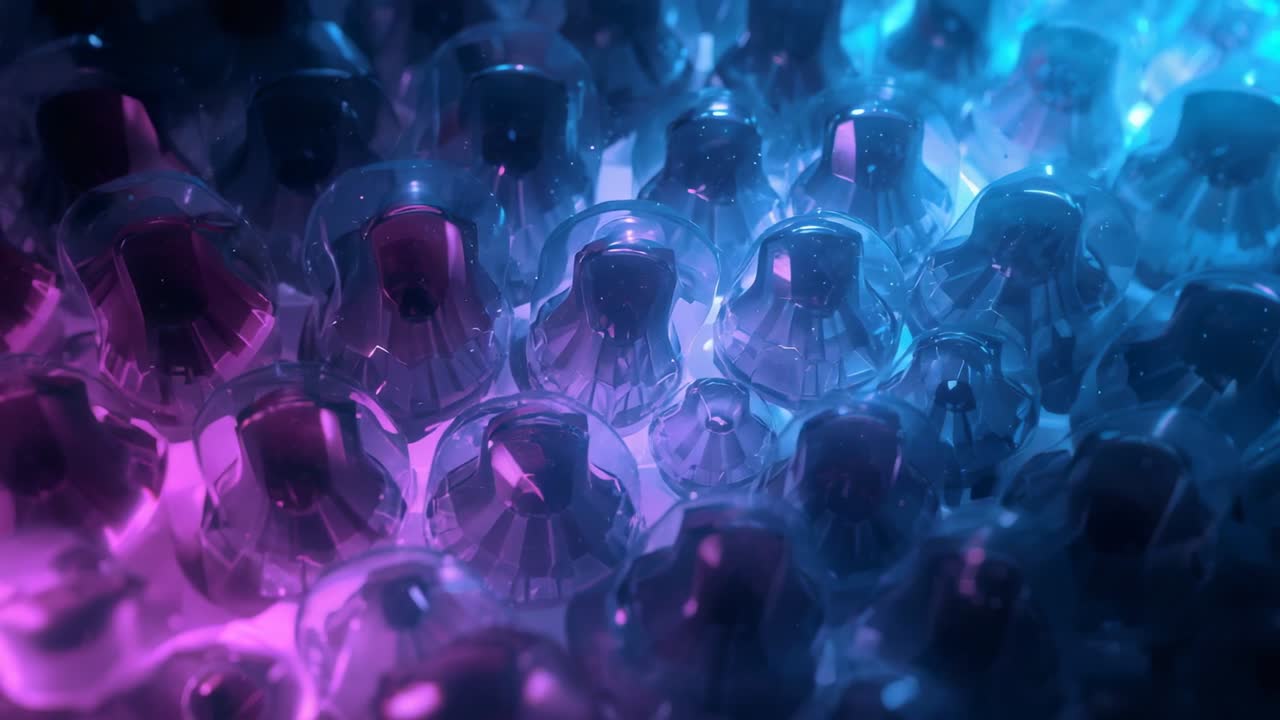 Skiftende magenta og cyan lys, der fejer hen over honeycomb-kupler i et makrostudie og afslører glimmer