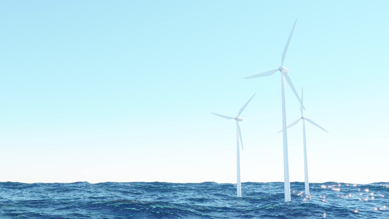 Wind turbines in waving sea. 4k animation