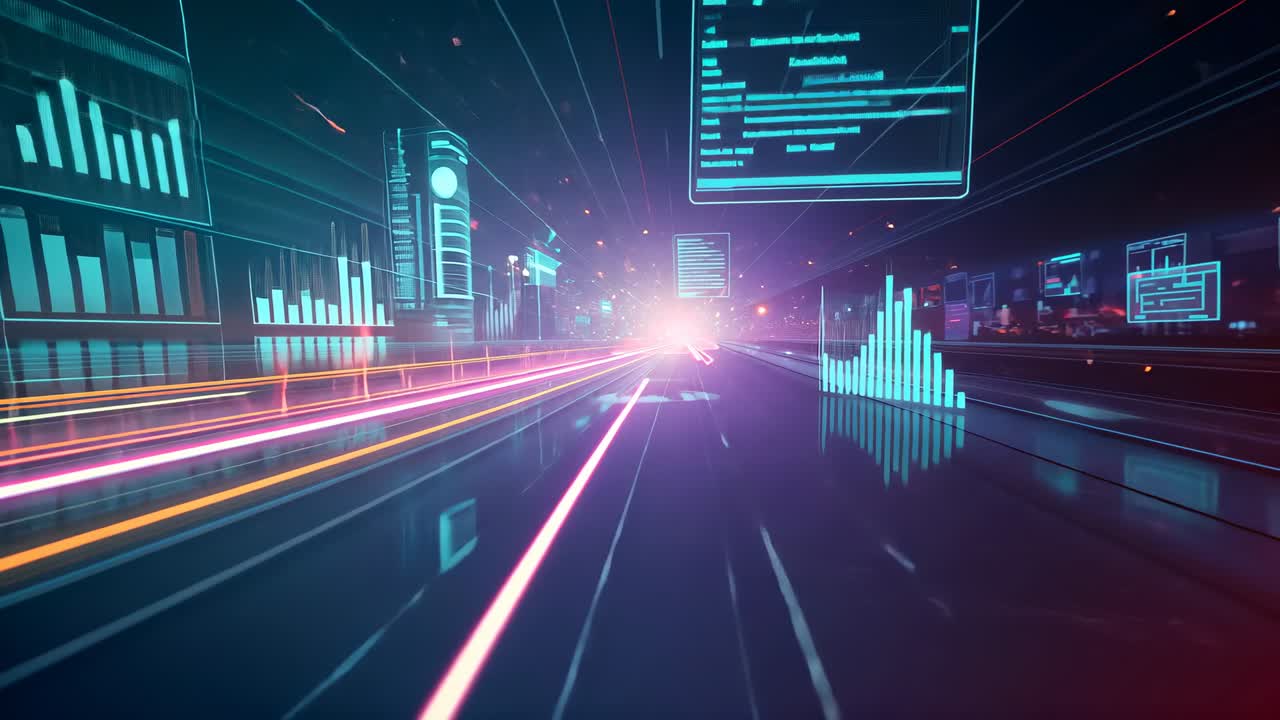 Accelerating camera through neon grid pathway with UI panels showing code, line and bar graphs