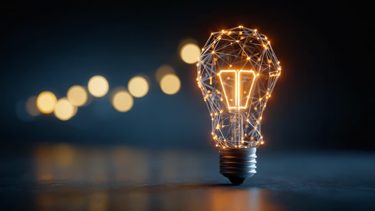 Un viaggio visivo mozzafiato di una lampadina illuminata, creata da linee e punti scintillanti, che simboleggia creatività e innovazione in un ambiente in penombra.