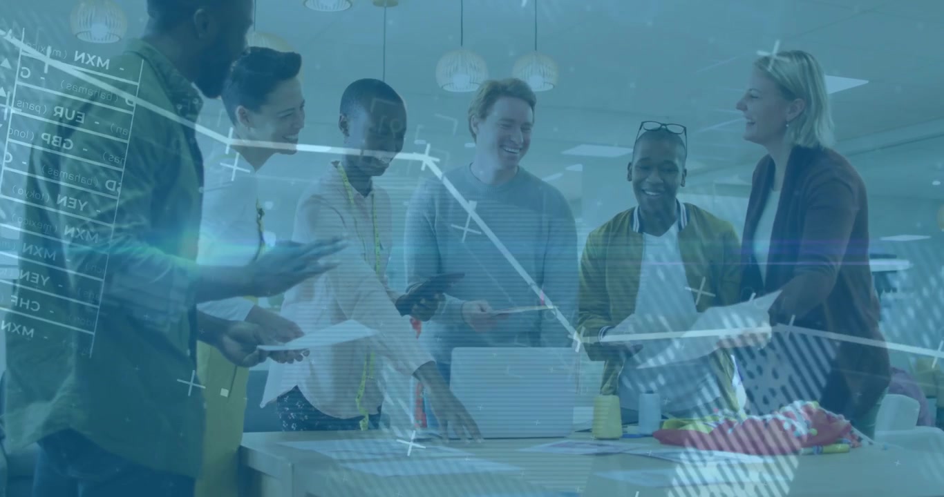 Five professionals gathering, opening laptop in office starting data visuals for business analysis