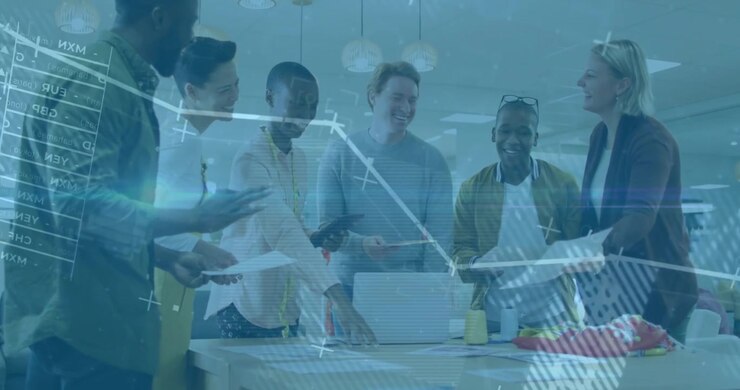 Five professionals gathering, opening laptop in office starting data visuals for business analysis