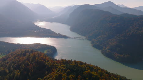 Aerial-view-orbiting-sunlit-glowing-lake-Stausee-surrounded-by-alpine-Isar-woodland-valley