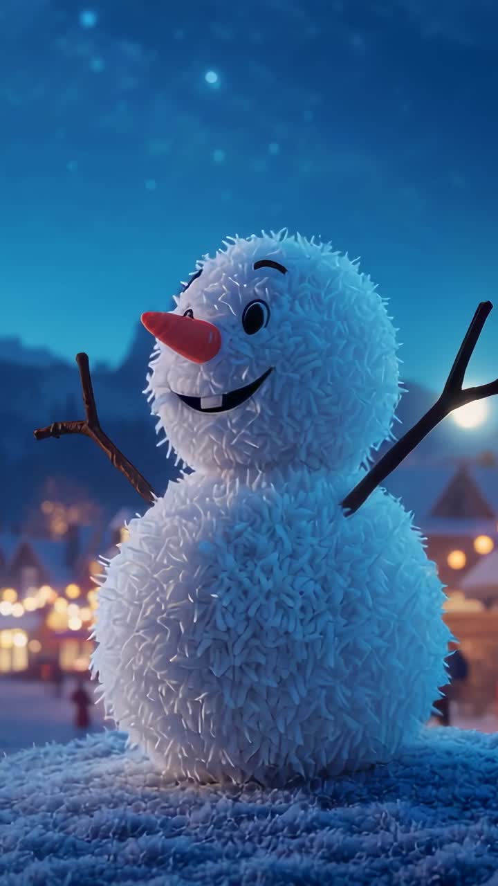 Vertical video: Camera panning snowman rotating, waving at snowy plaza with lit chalets, copy space