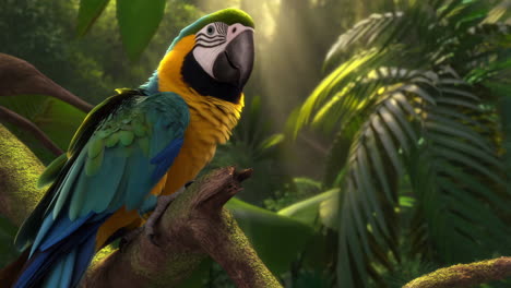 vibrant macaw perched in a sunlit tropical jungle