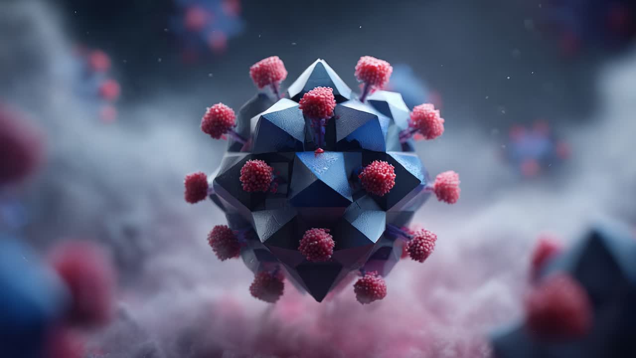 Detailed Visualization of a Microscopic Virus Structure with Prominent Spike Proteins Amidst a Mysterious Cloudy Background, Illustrating Its Intricate Design and Function