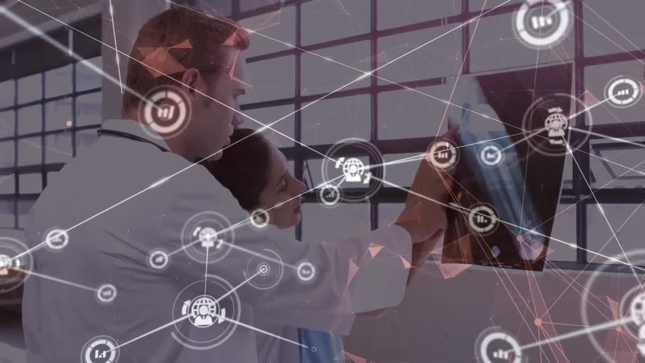 animación de la red de conexiones con iconos sobre el médico masculino y femenino.