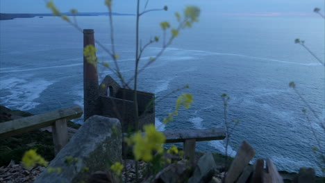 Different-landscape-view-point-of-historic-mine-on-Cornwall-coast-line,-PANNING-SHOT