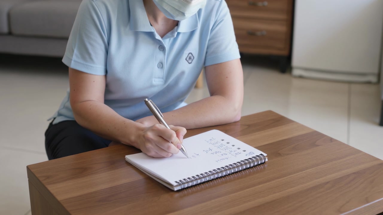 Donna che scrive in polo blu, con mascherina a casa, la penna che tocca un quaderno a spirale spuntando le caselle.