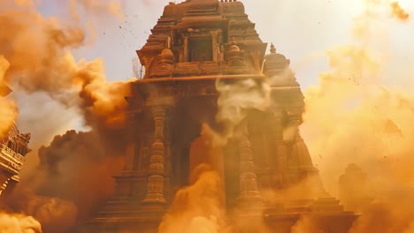 Ancient Stone Temple Surrounded by Orange Dust and Debris