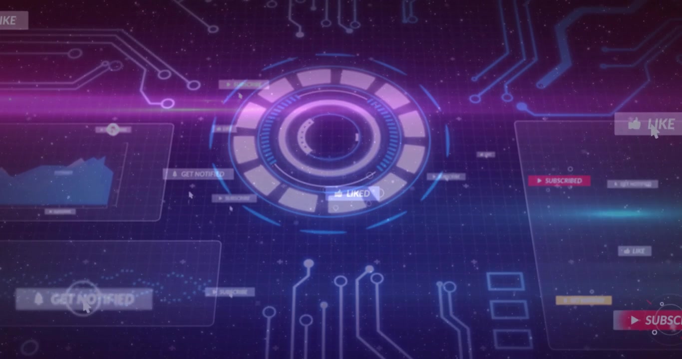 Opening purple sweep revealing rotating HUD, sliding buttons and glowing circuits showing interface