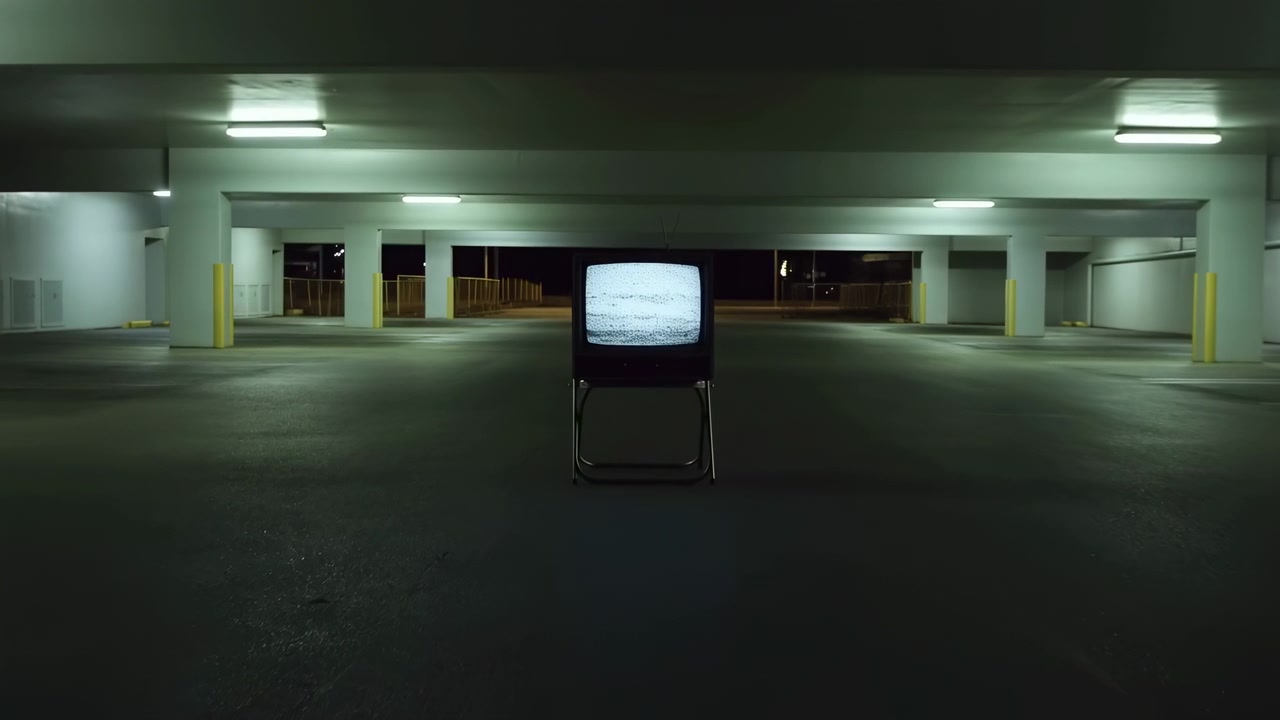 Vintage CRT television powered on with monochrome static sits on metal folding chair inside empty covered parking garage at night, lit by cool fluorescent lamps and harsh shadows, with television