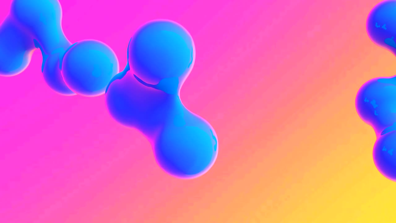 Abstract bubbles motion 3d animation. Blue blobs merging and separating slow motion on gradient pink and orange background. Microorganism cells closeup dividing under microscope realistic rendering