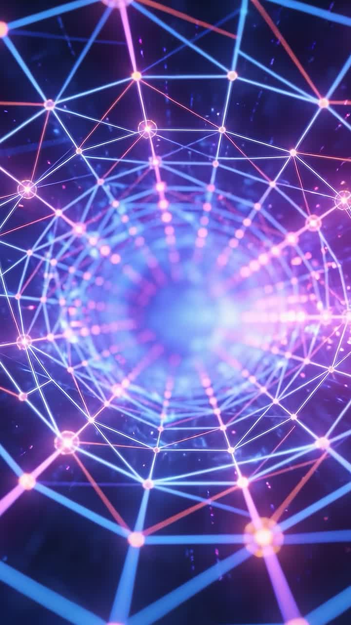 Video verticale: Tunnel illuminato in movimento che pulsa in nodi neon 3D, con la telecamera che avanza rivelando il nucleo.