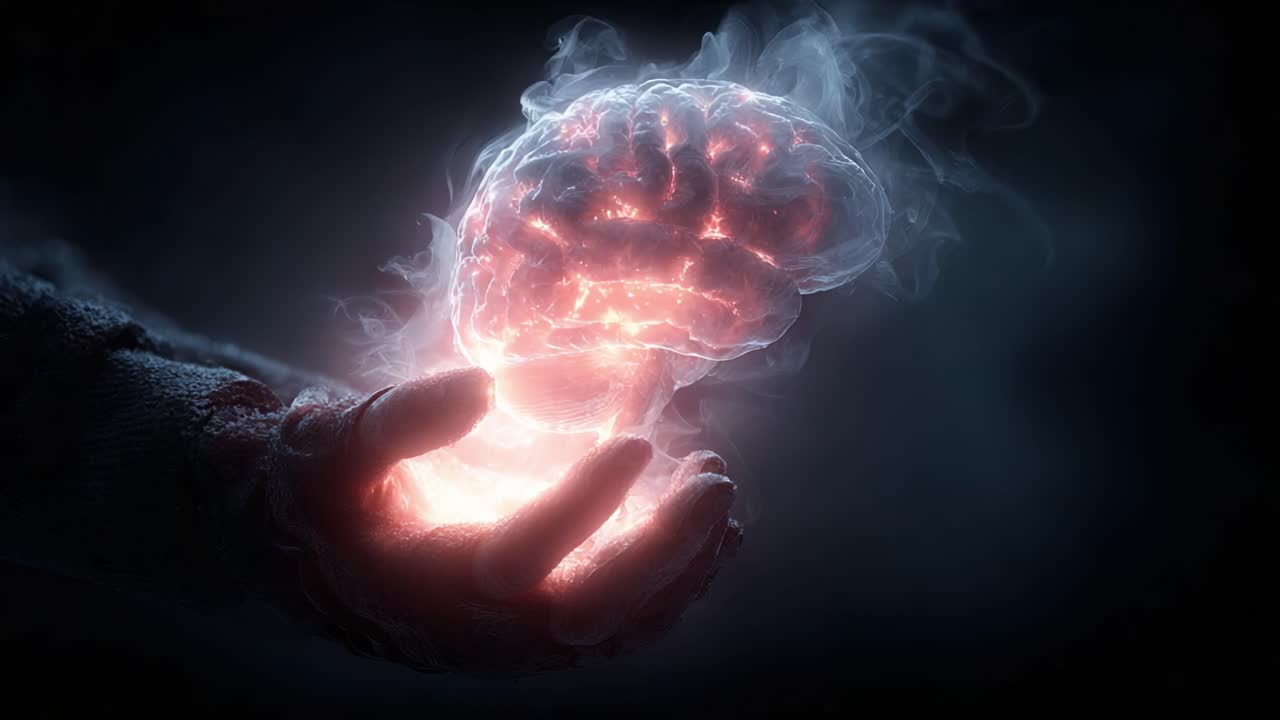 An ethereal depiction of a luminous brain held in a hand, showcasing the intersection of human intellect and creativity, surrounded by swirling mist and an otherworldly glow