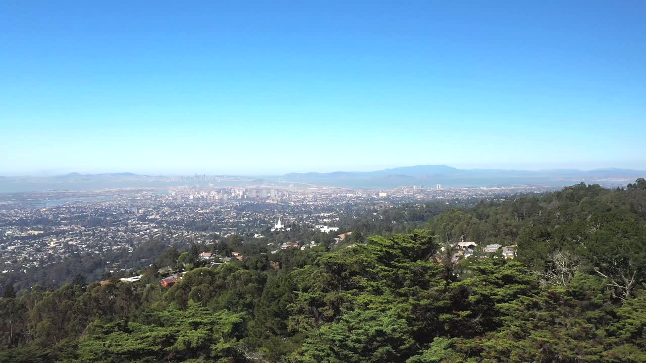 A slow rise and pan left to reveal a sprawling city behind a forest.
