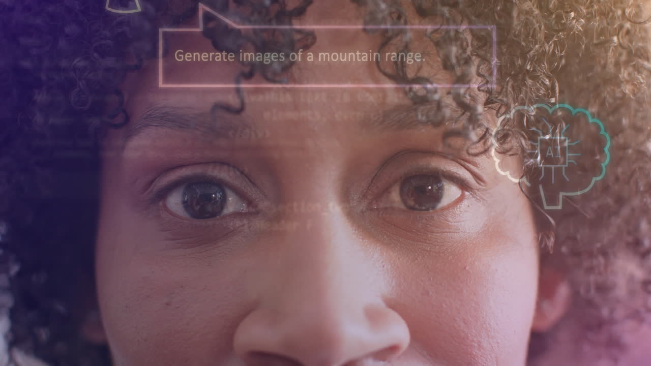Generating images of mountain range, AI animation over close-up of person's eyes