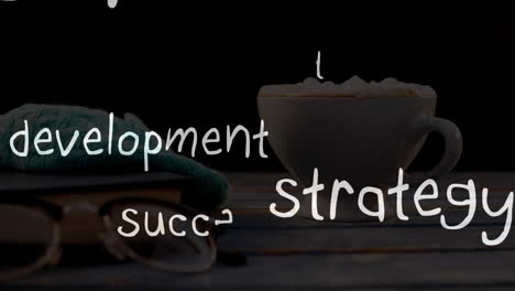 coffee cup on table showing animation with words development and strategy
