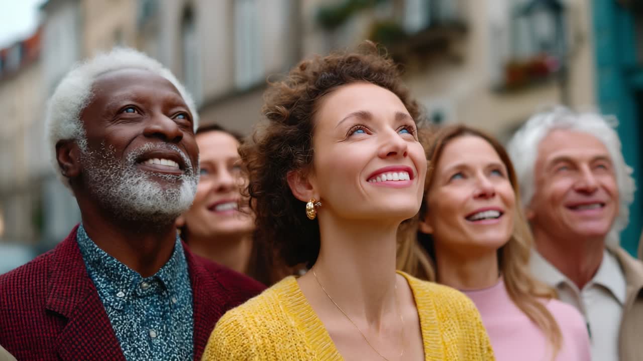 Diverse Group of People Looking Up in City Street