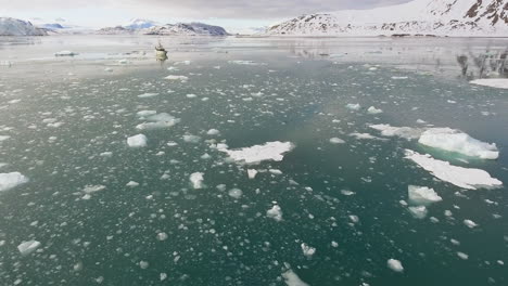 glacial meltwater icebergs, global warming scientific research boat, aerial view