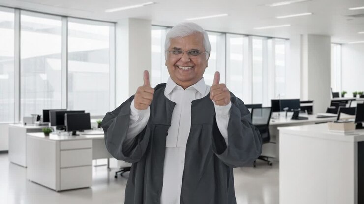 Avvocato senior indiano felice che fa il pollice in su