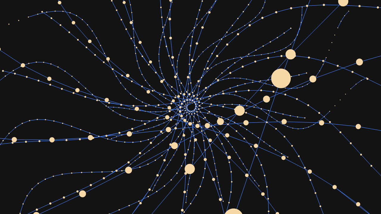 어두운 공간에 나선형 네온 무지개 점과 선