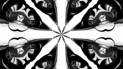 4k loop animation with black and white ribbons are twisted and form complex structures like symmetric ornament pattern or kaleidoscopic effect. seamless footage with luma matte as alpha channel. 12