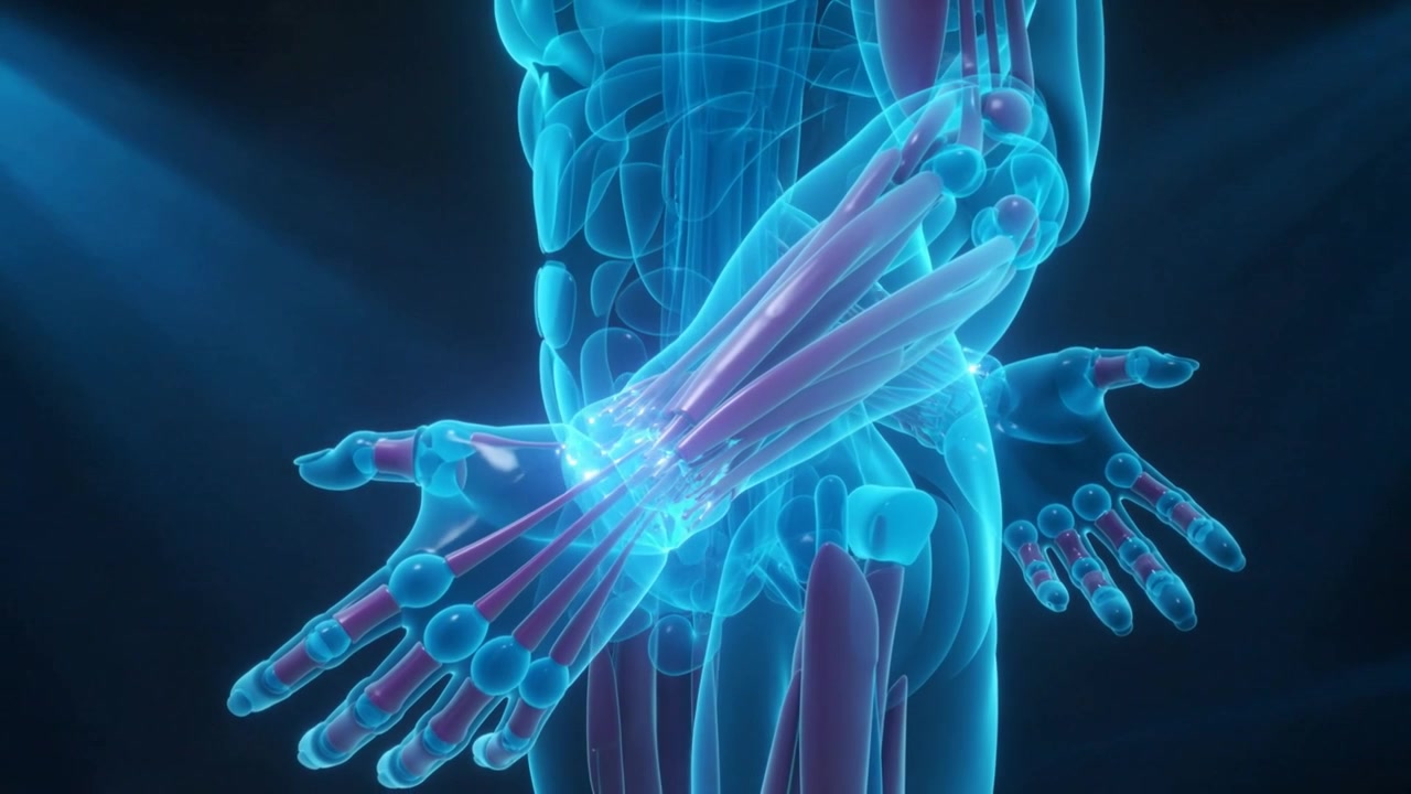 Rotating camera revealing anatomical model pulsing cyan wrist glow tracing tendons for study in lab