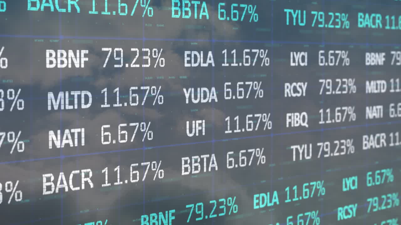 Animation of financial data processing over clouds and sky