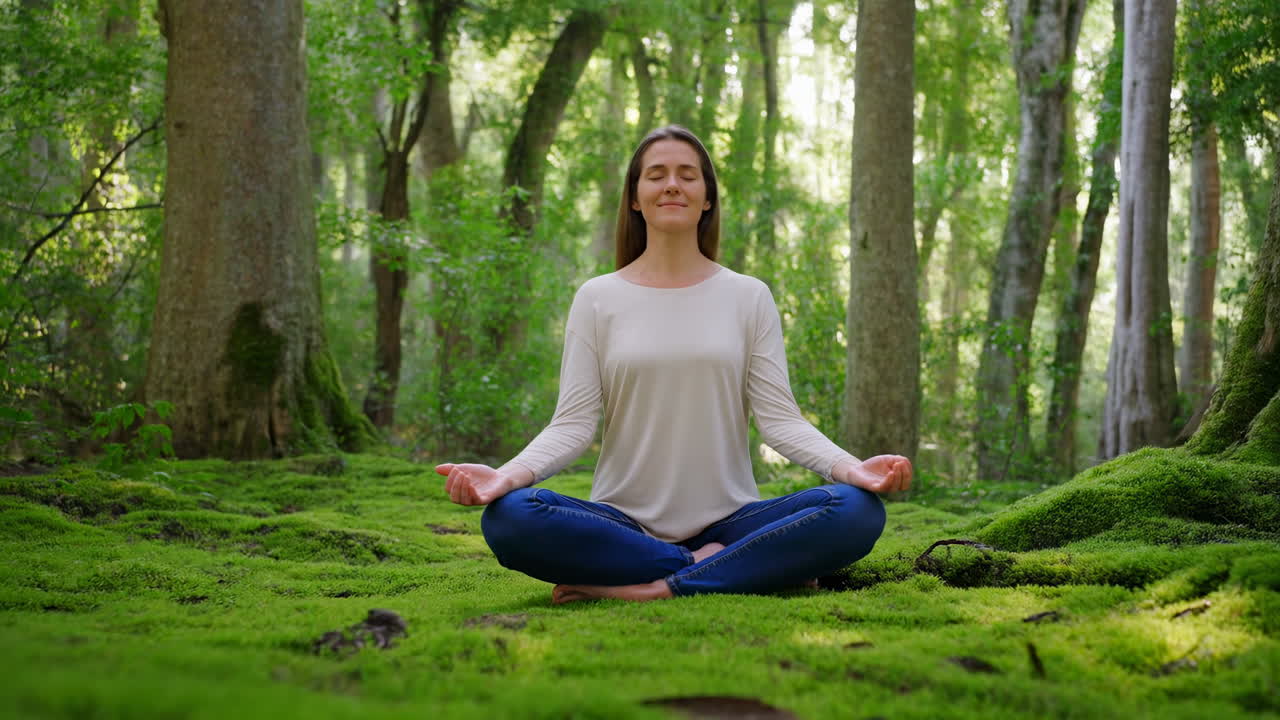 Joven meditando en posición de loto en el suelo de un bosque musgoso