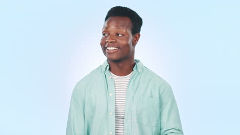 choose, shrug and face of black man in studio