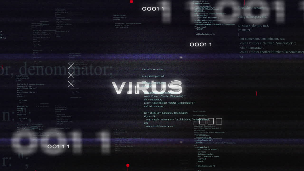 animación de códigos binarios sobre texto de virus en el patrón de la placa de circuitos contra el lenguaje de la computadora