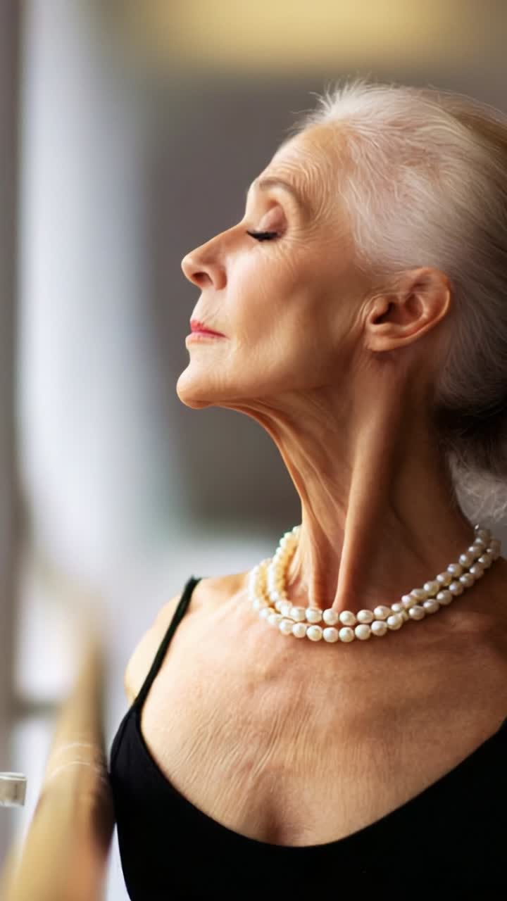 Signora anziana elegante che mette in mostra grazia e sicurezza di sé con delle perle in un momento accattivante di equilibrio e bellezza su uno sfondo leggermente illuminato